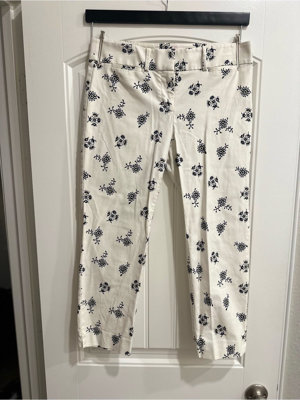 LOFT White Capris with Navy Floral Motif